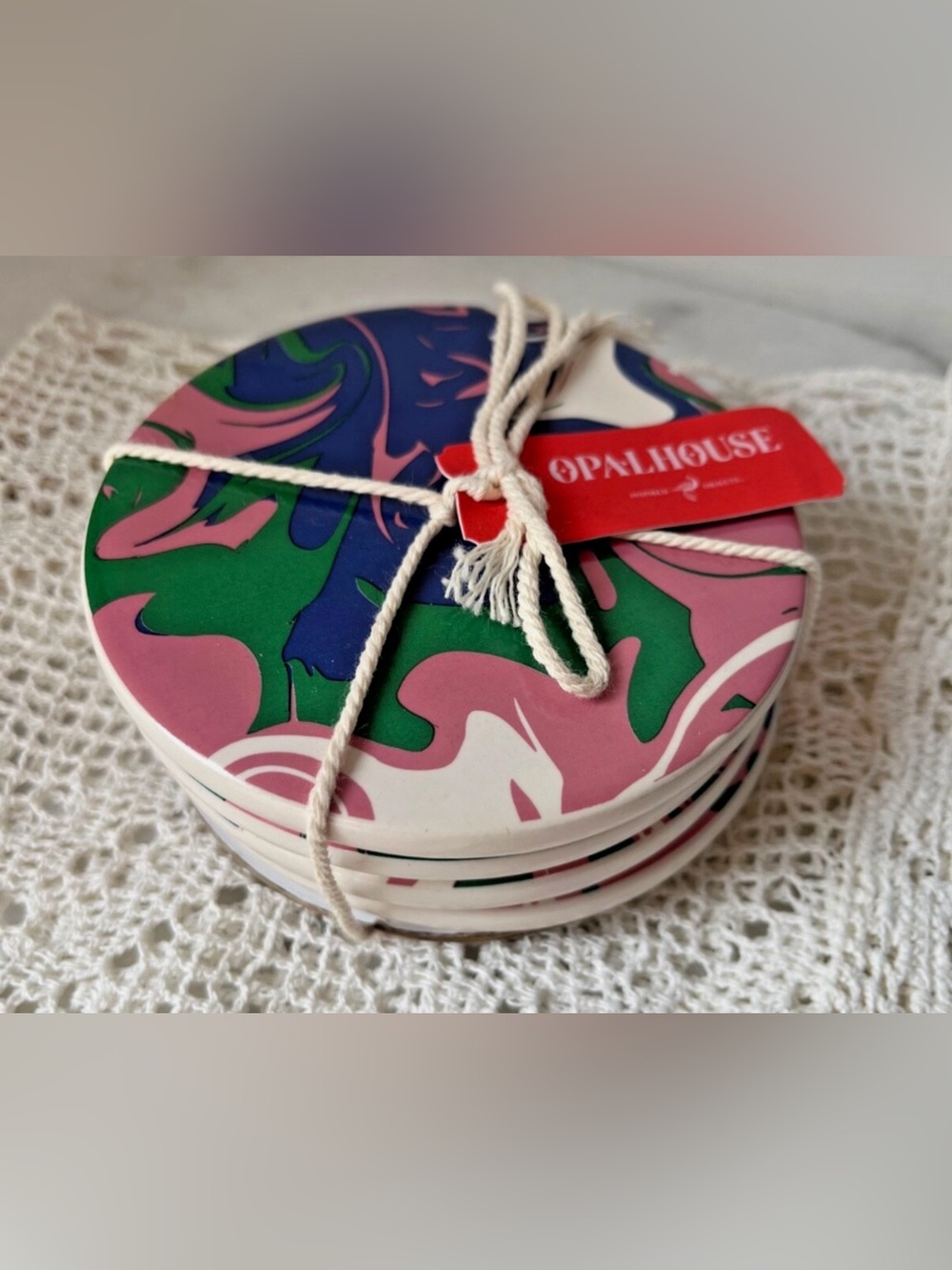 Opalhouse Round Ceramic Drink Coasters Swirl Pattern Pink & Green